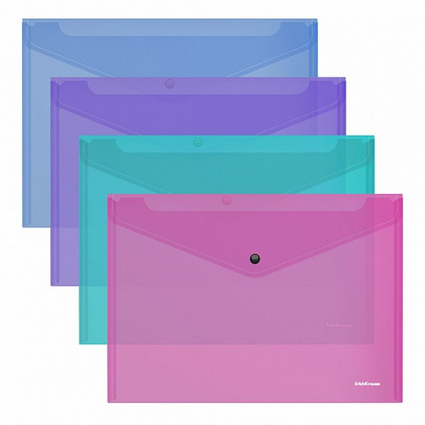 Папка конверт с кнопкой  А4 "ErichKrause Fizzy Vivid" полупрозрачная, ассорти 1/24 арт. EK-55400