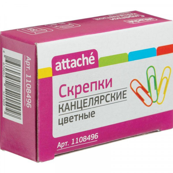 Скрепки 33мм 50шт. "Attache" цвет. полимер. 1/10 арт. 1108496